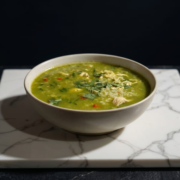 Green chicken and rice soup with cilantro and red peppers in a white bowl on marble.