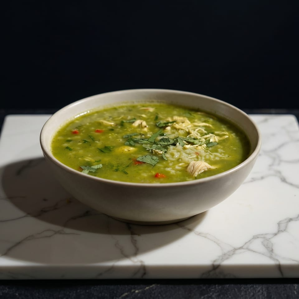 Green chicken and rice soup with cilantro and red peppers in a white bowl on marble.
