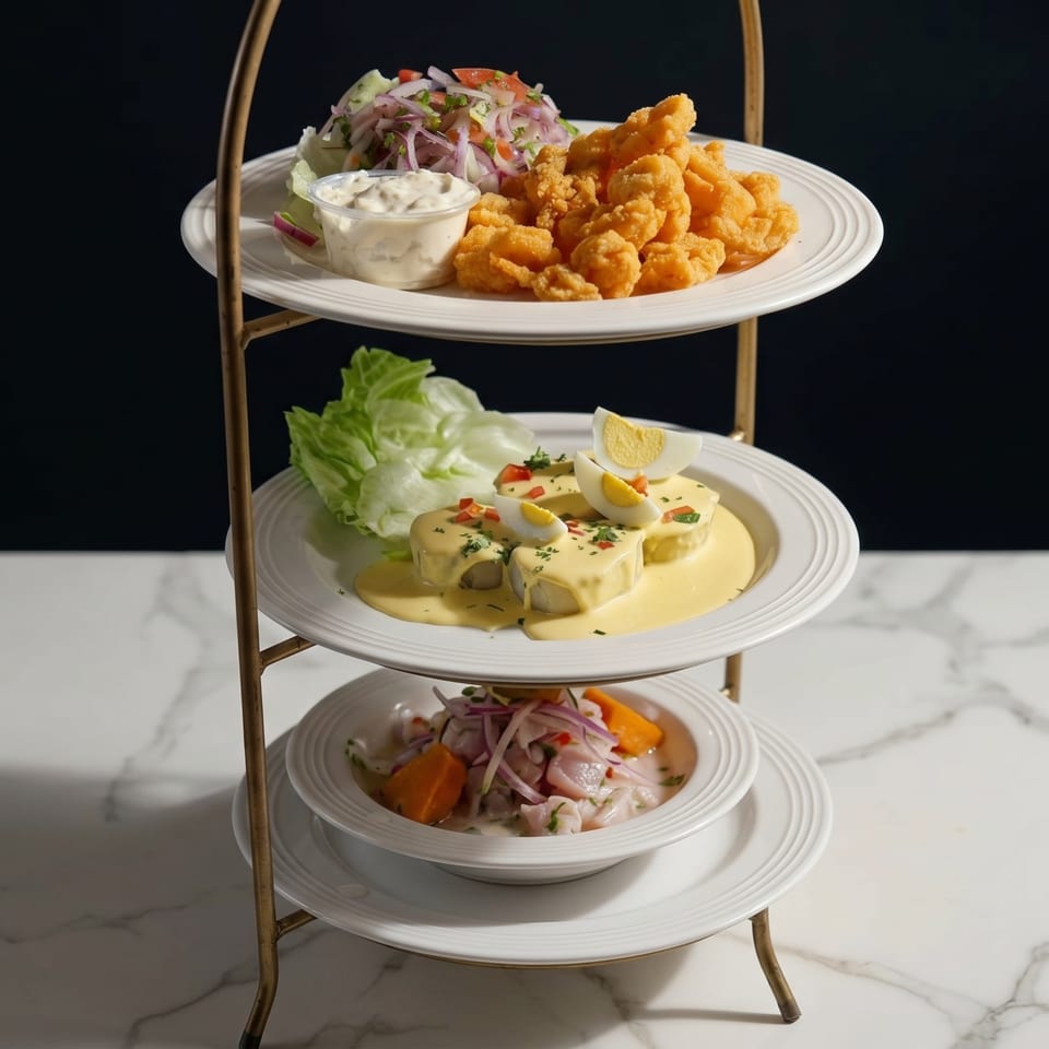 Three-tiered stand with plates of fried seafood, potatoes with yellow sauce, and ceviche.